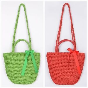 Too Cute For Her Straw Clutch With Ribbon- Green or Red